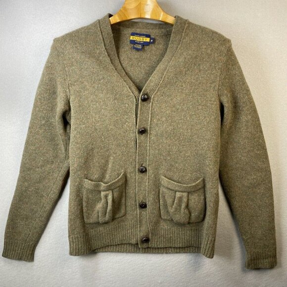 VTG Rugby Ralph Lauren Cardigan Womens‎ M 100% Wool Sweater Suede Elbow Patches - Picture 1 of 16